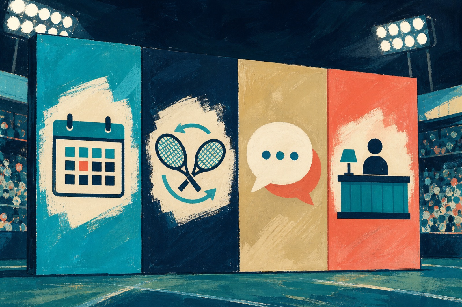 A painted scoreboard wall with four abstract columns for different padel tools.