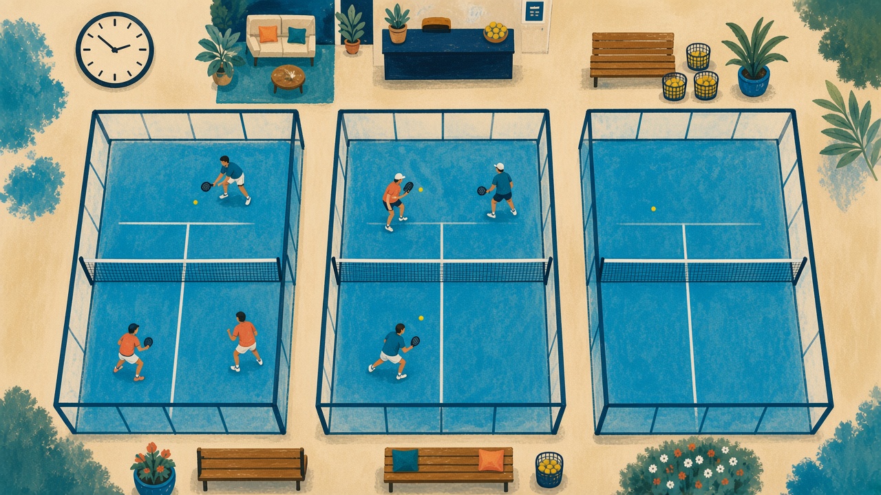 A painted top-down map of three padel courts, two busy and one empty, with a clock on the wall.