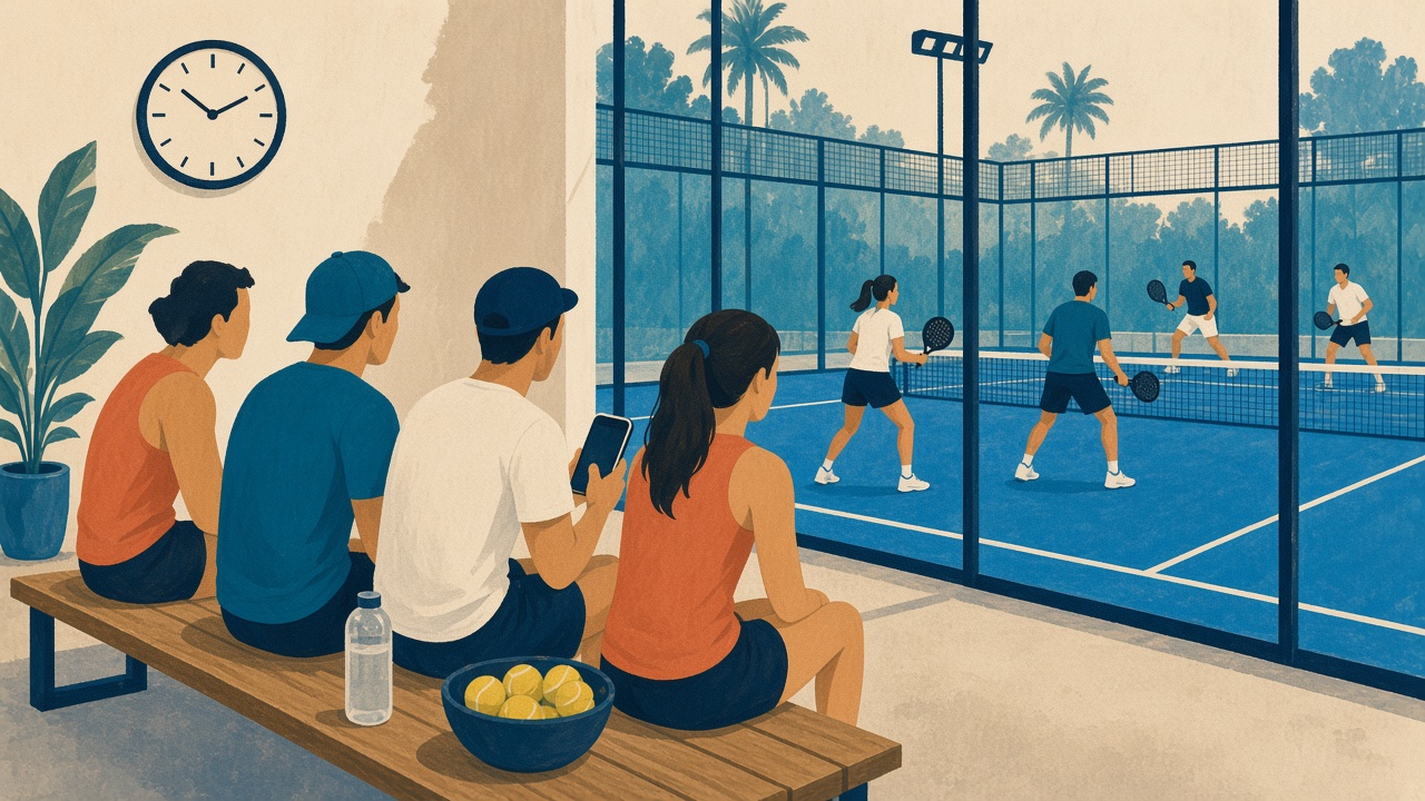 Painted players sitting on a bench beside a clock, waiting while a court stays busy behind glass.