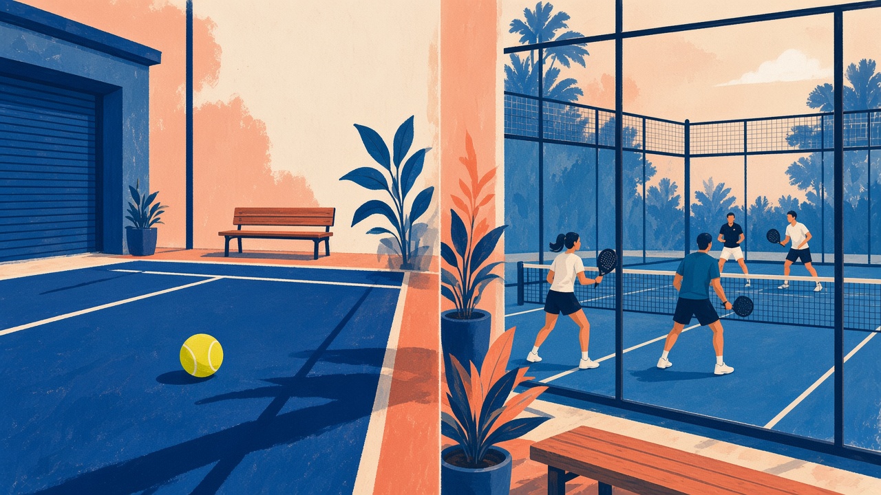 A painted split of the same padel club: an empty midday court on the left, a full evening court on the right.