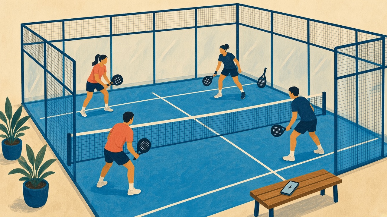 Three painted players on a blue court looking at an empty fourth corner, a spare racket against the glass.