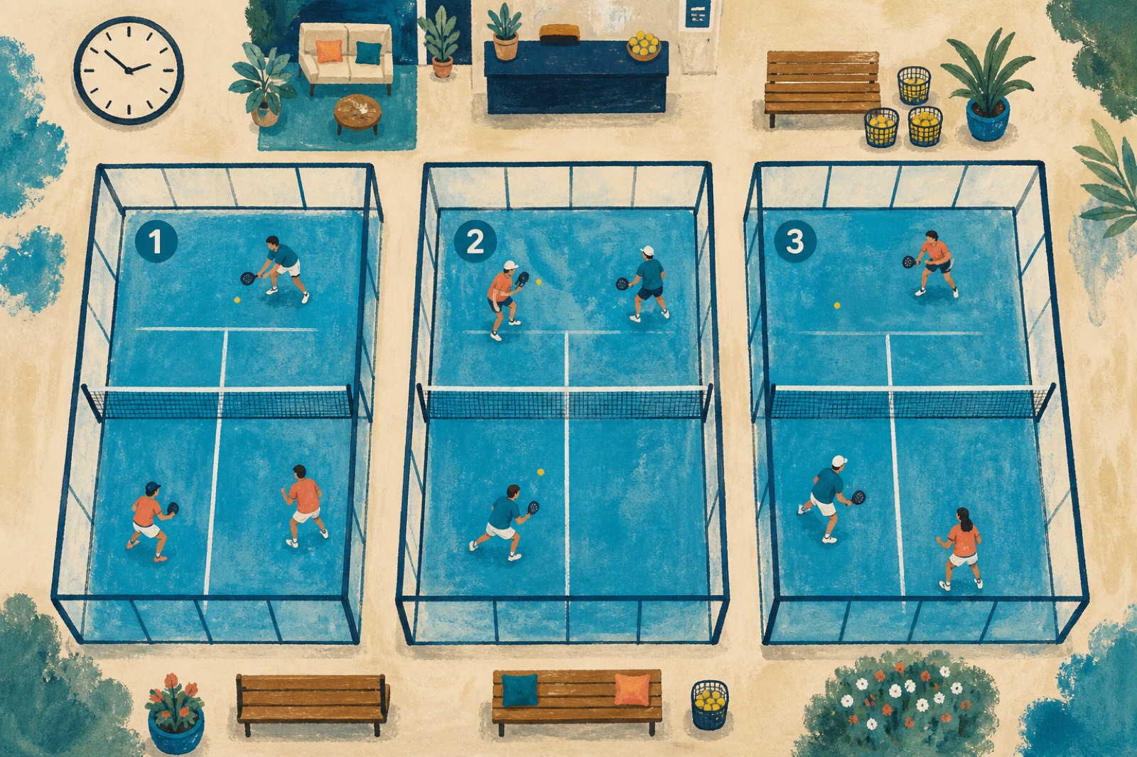 A painted top-down map of three padel courts with tiny players and a clock.