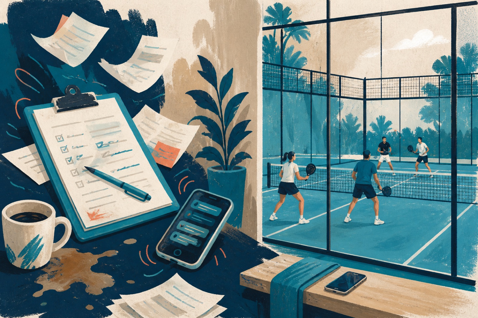 A painted split scene of tournament chaos on one side and a calm padel court on the other.