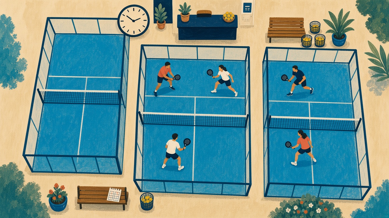 A painted padel social: four players rotating on a blue court, a scorecard waiting on the bench.