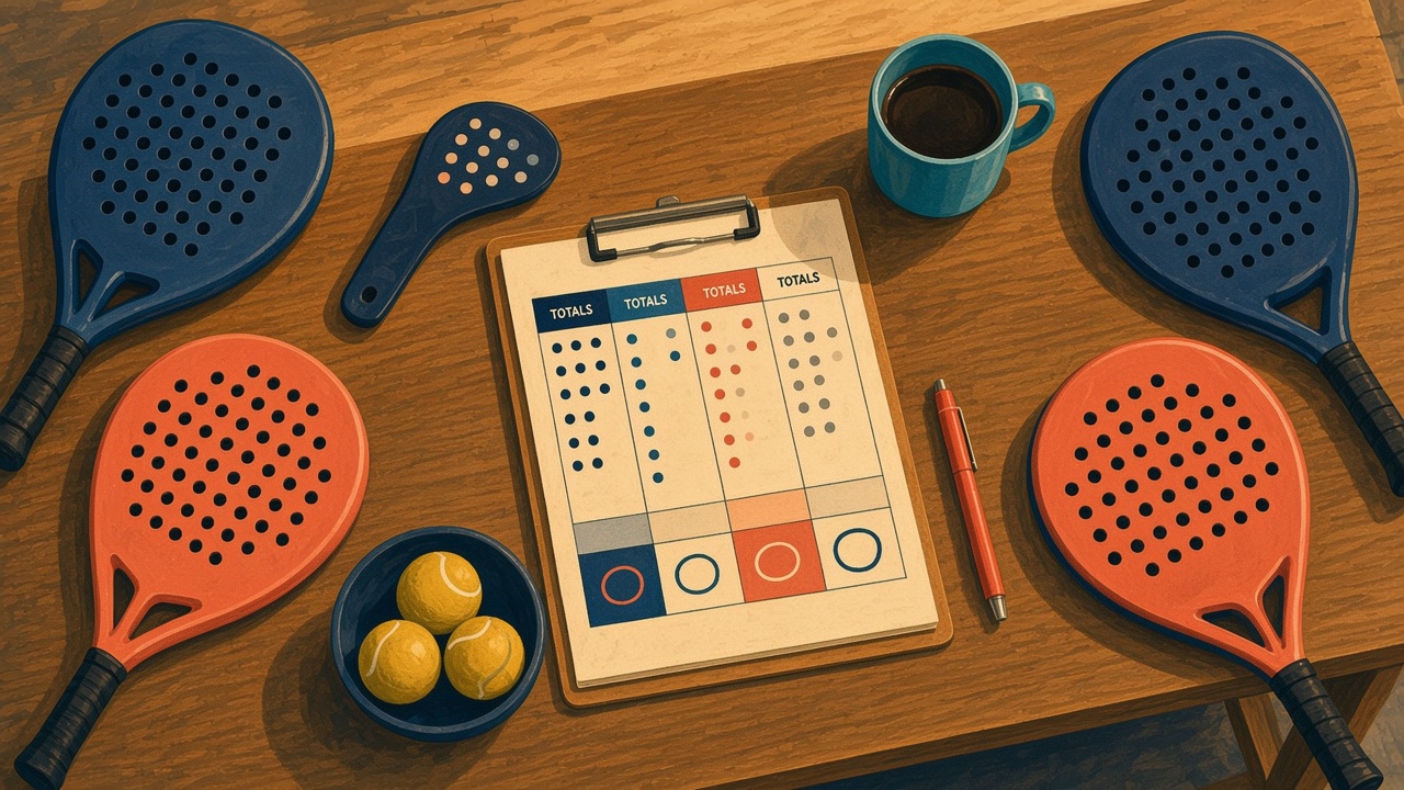 A painted club table with a clipboard scorecard, four rackets, and a bowl of yellow balls.