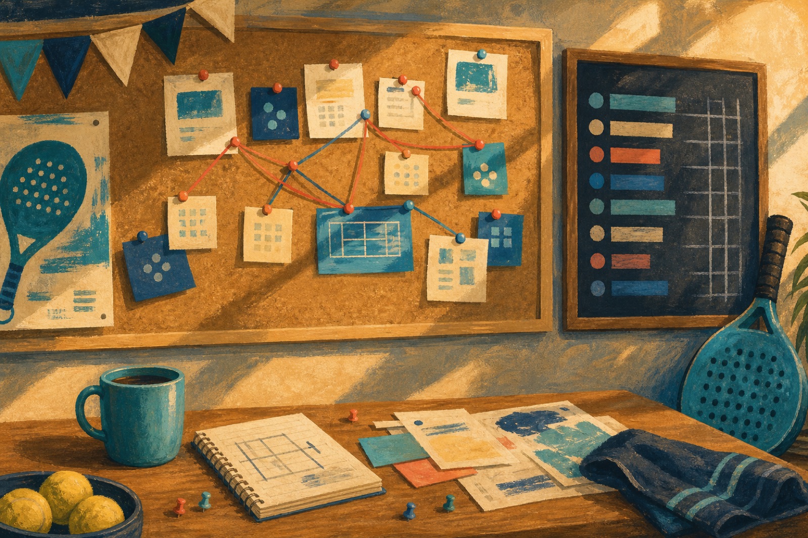 A painted club corkboard planning a padel league season with pins, strings, and a chalkboard table.