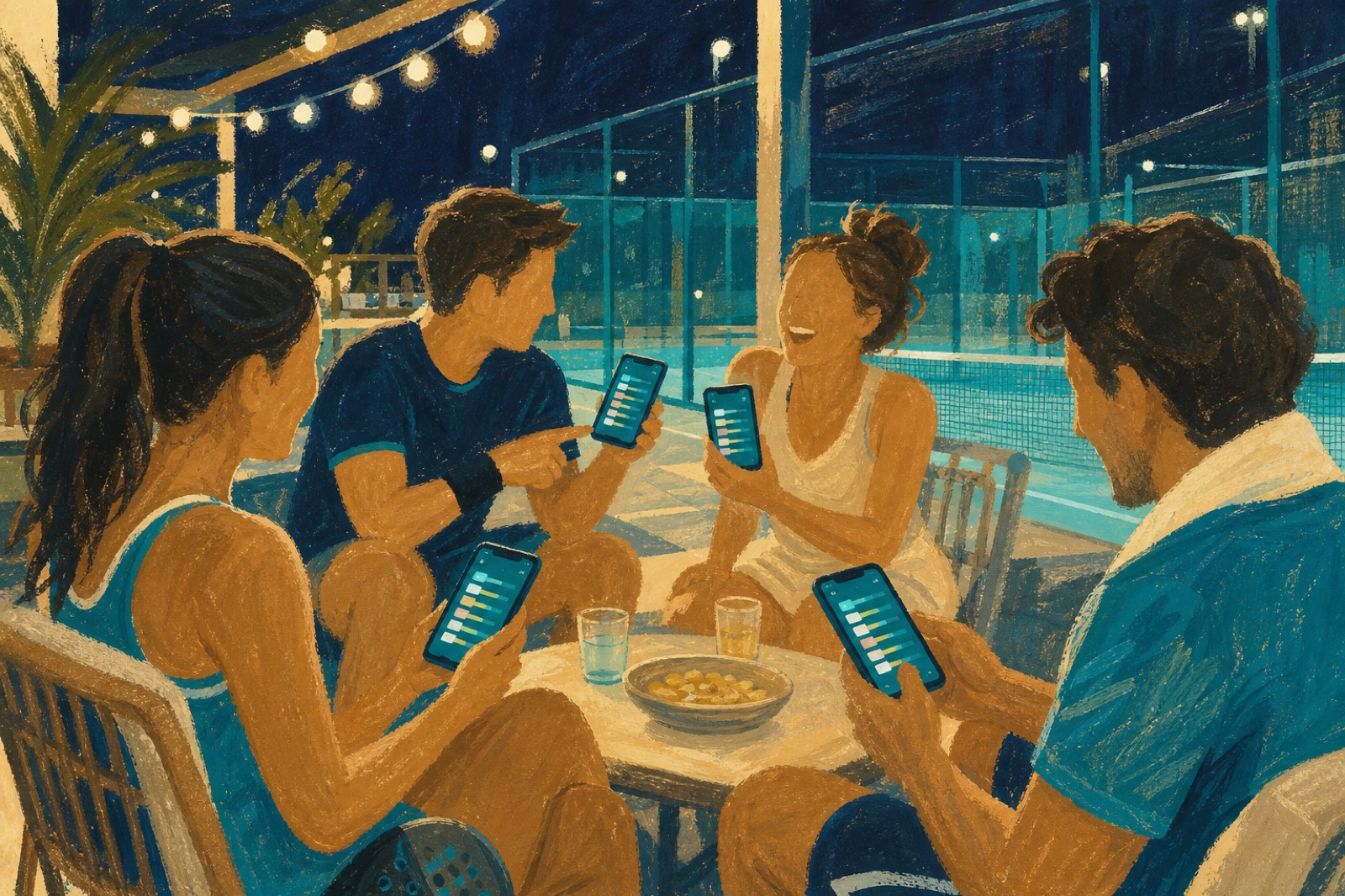 Players on a club terrace checking glowing phones with a live league table.
