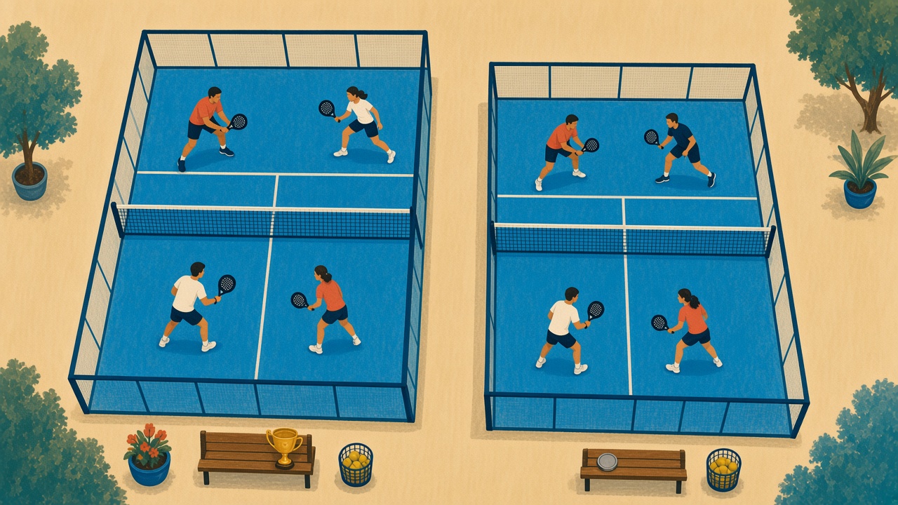 Two painted padel courts side by side, a gold cup by the larger court and a silver plate by the smaller one.