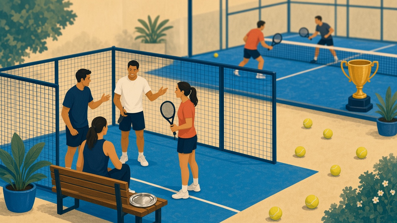 Four padel players on a side court with a small silver plate on the bench, and a gold cup on the court behind them.