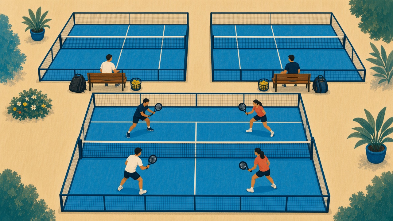 A painted final on the front court, with two quieter courts behind it where the groups have finished.
