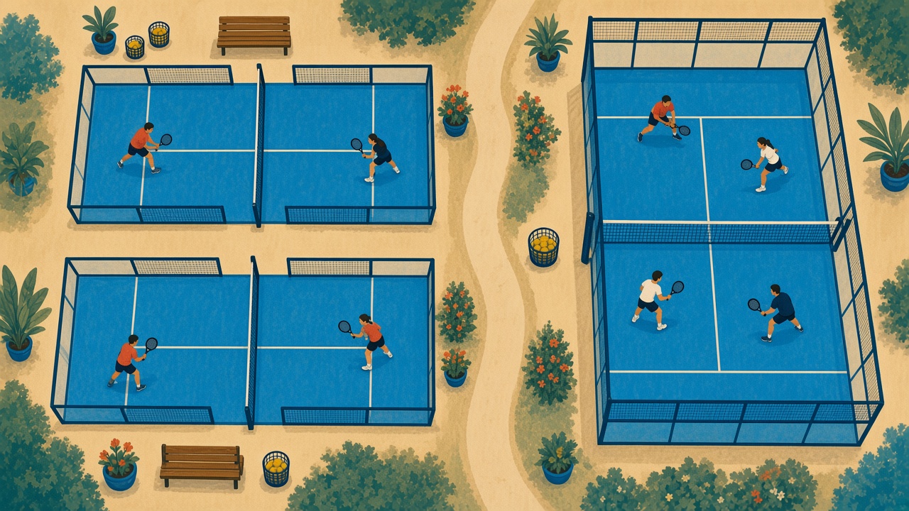 A painted club map with two smaller padel courts beside one larger court, and a path between them.