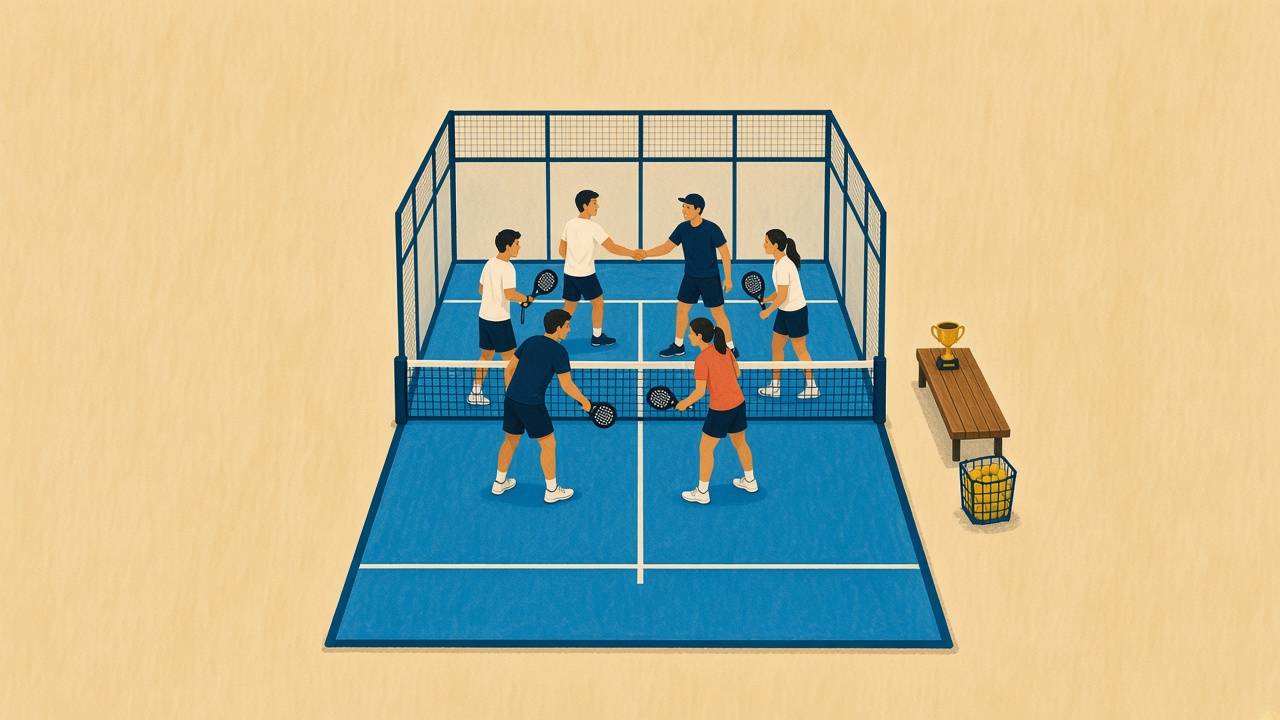 A painted padel final, players at the net, a small gold cup on the bench.