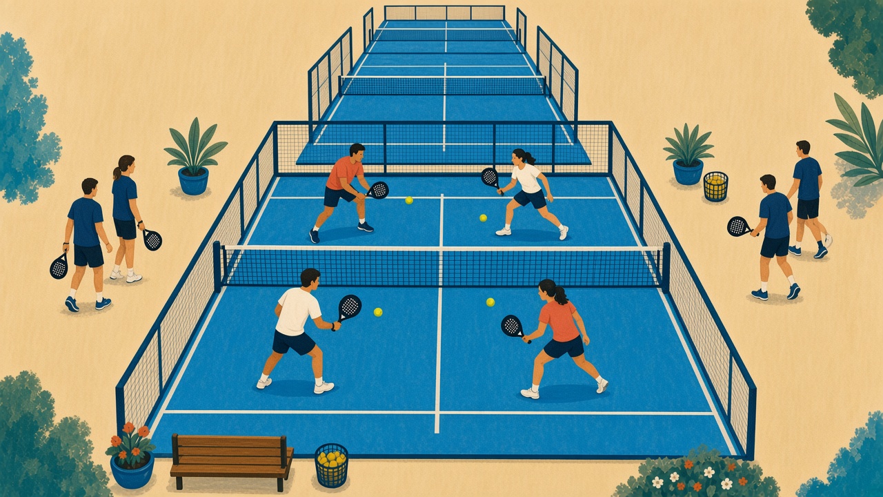 A painted padel court in front, with empty courts receding behind it like a bracket.