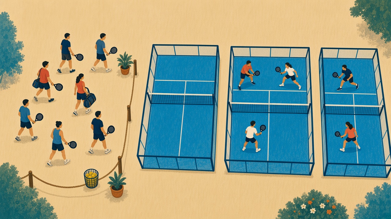 A painted rope line of padel players, some walking toward three blue courts and some walking away.