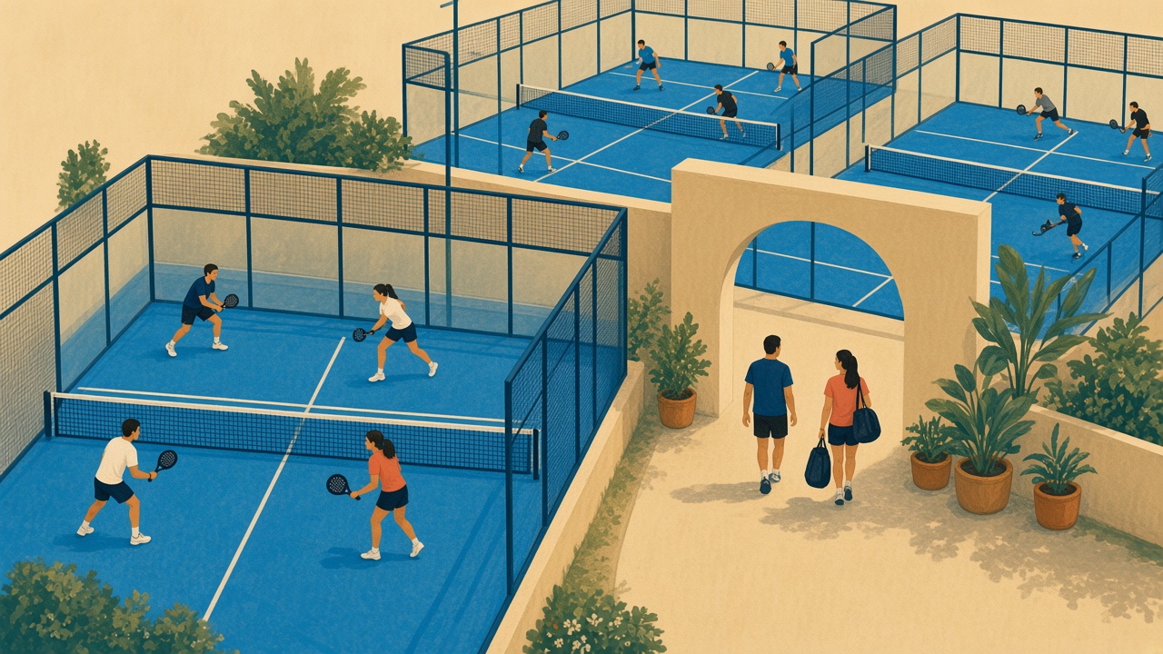 A painted qualifying match on a padel court, with two players walking through an arch toward the main courts.