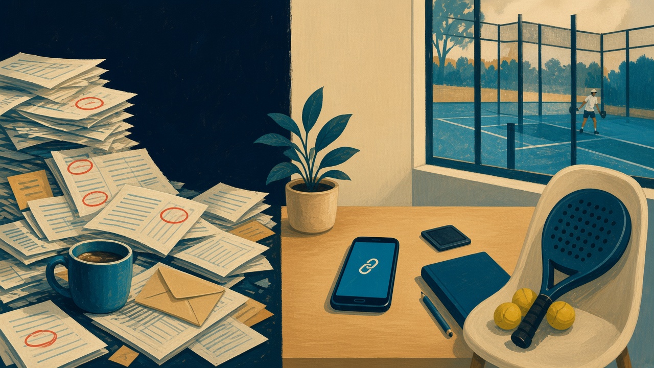 A painted split desk: messy paper entry lists and cash on the left, one phone with a link on the right.
