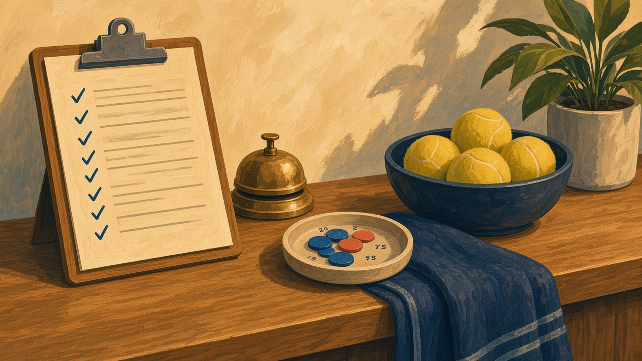A painted club reception: a short checked list on a clipboard, a longer faded waitlist, a bell and a bowl of balls.