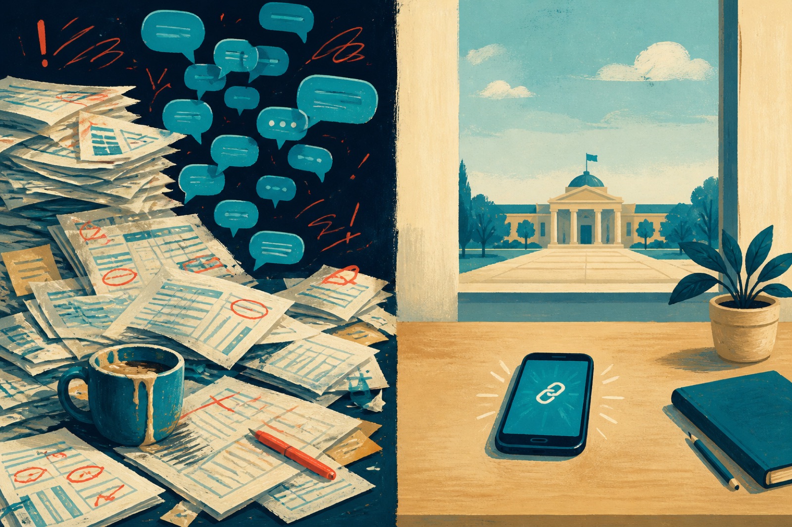 A messy desk of spreadsheets and chat bubbles next to one clean phone with a single link.