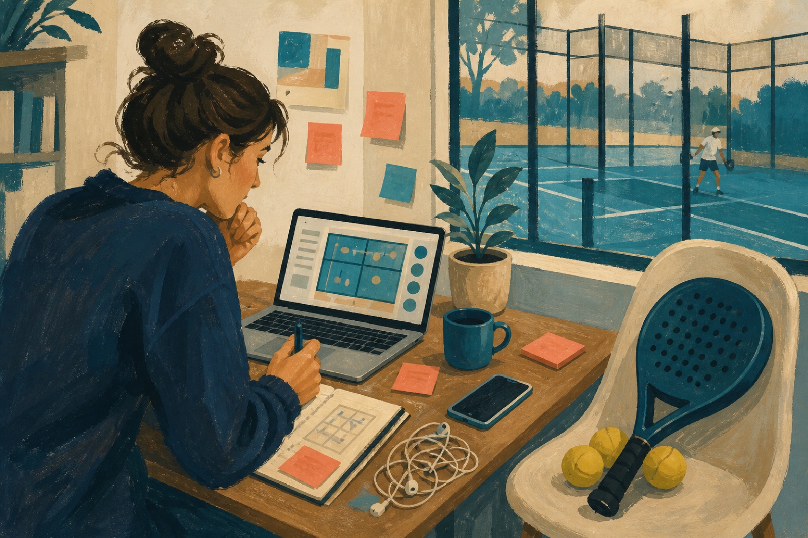 A painted organiser at a desk with a laptop, sticky notes, and a padel racket on the chair.